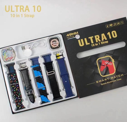 Ultra 10 Smart Watch | 10 In 1 Straps + jelly Case | Multi Color Straps & Wireless Charging (Random Color) - MedAir Traders