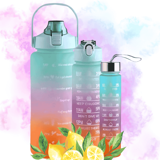 Set of 3 Motivational Water Bottle Set with Time Marker & Straw