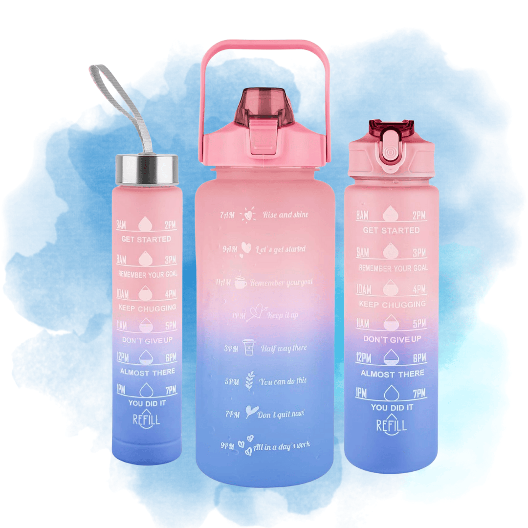 3-pack pink and blue motivational water bottles with time markers and straws, designed for all-day hydration and fitness goals.
