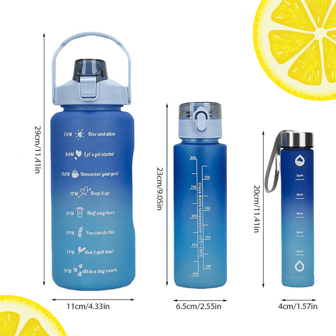 Blue motivational water bottle set with size dimensions, time markers, and straw lids, ideal for hydration tracking at home or on the go.