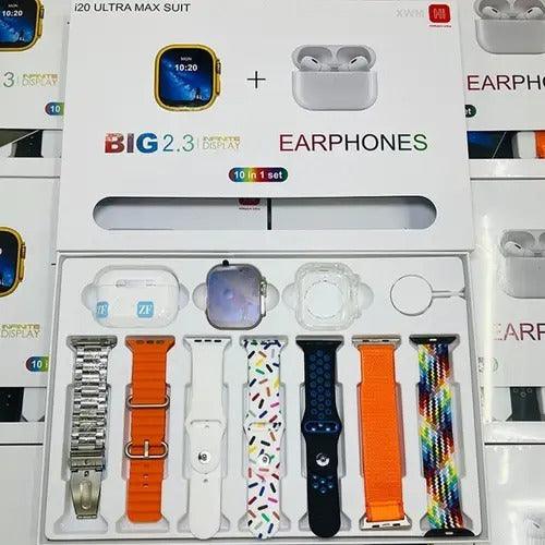 I20 Ultra Max suit Smart Watch 10 in 1 box 2.3inch large screen with 7 strips smartwatch With Airpords 2 (random color) - MedAir Traders