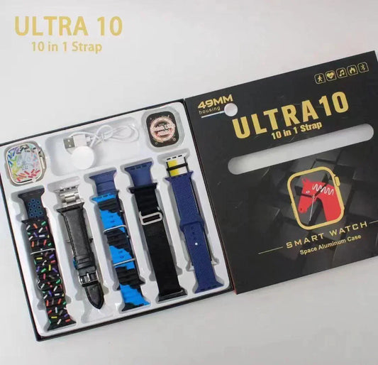 Ultra 10 Smart Watch | 10 in 1 Straps+Jelly Case | BT Calling | Super HD Display 49mm | Multi color straps & wireless charging (Random color) - MedAir Traders