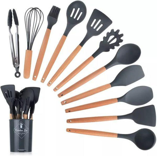 12 Pcs Silicone Cooking Utensils Kitchen Utensil Set | Heat Resistant Kitchen Non Toxic Spatula Set With Turner Tongs,spoon,brush,whisk-wooden Handle(random Color) - MedAir Traders
