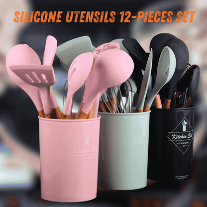 Silicone Utensils 12-Pieces Set With Wooden Handle | 100% Original