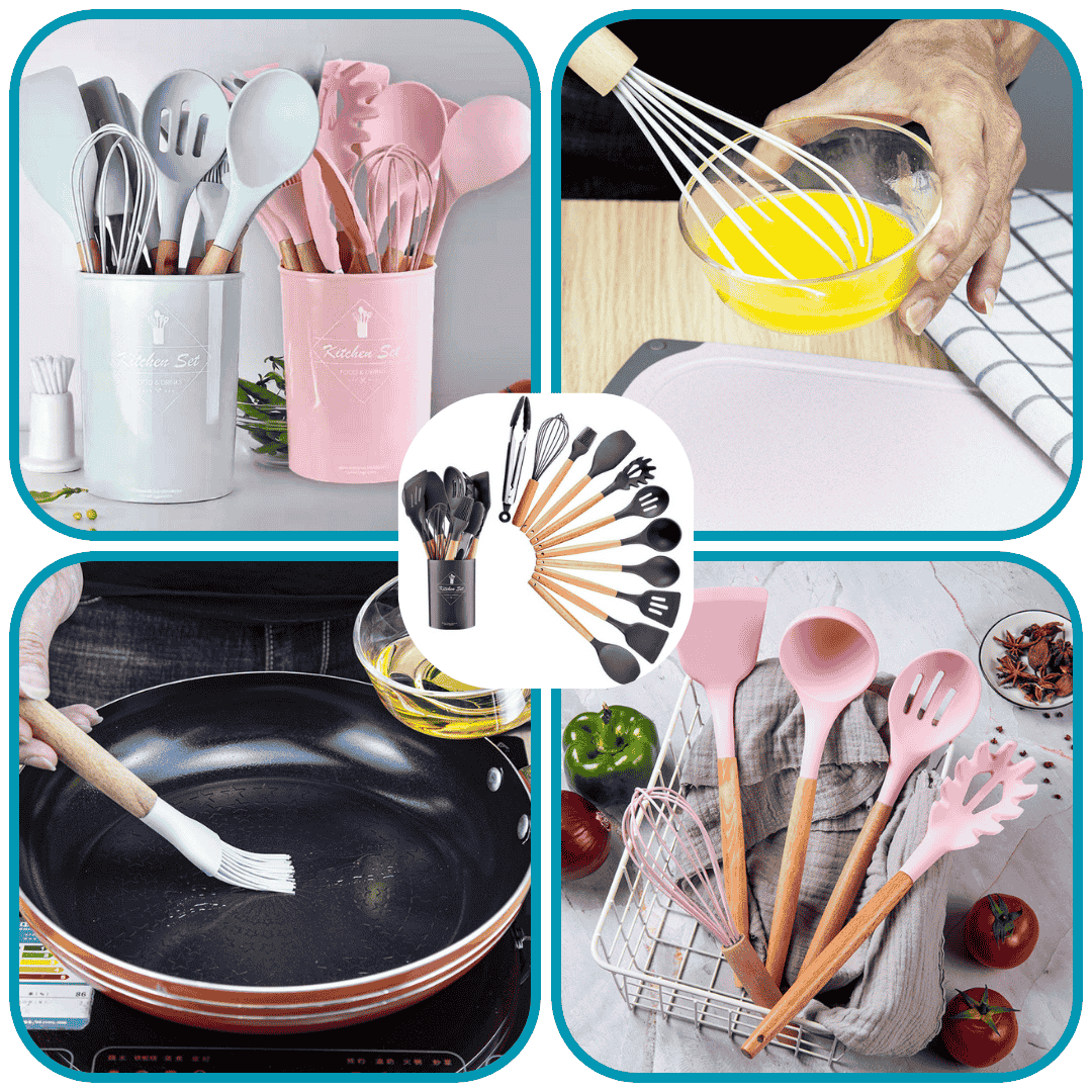 Silicone Utensils 12-Pieces Set With Wooden Handle | 100% Original