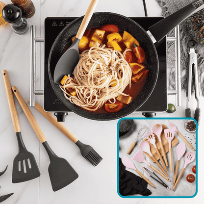 Silicone Utensils 12-Pieces Set With Wooden Handle | 100% Original