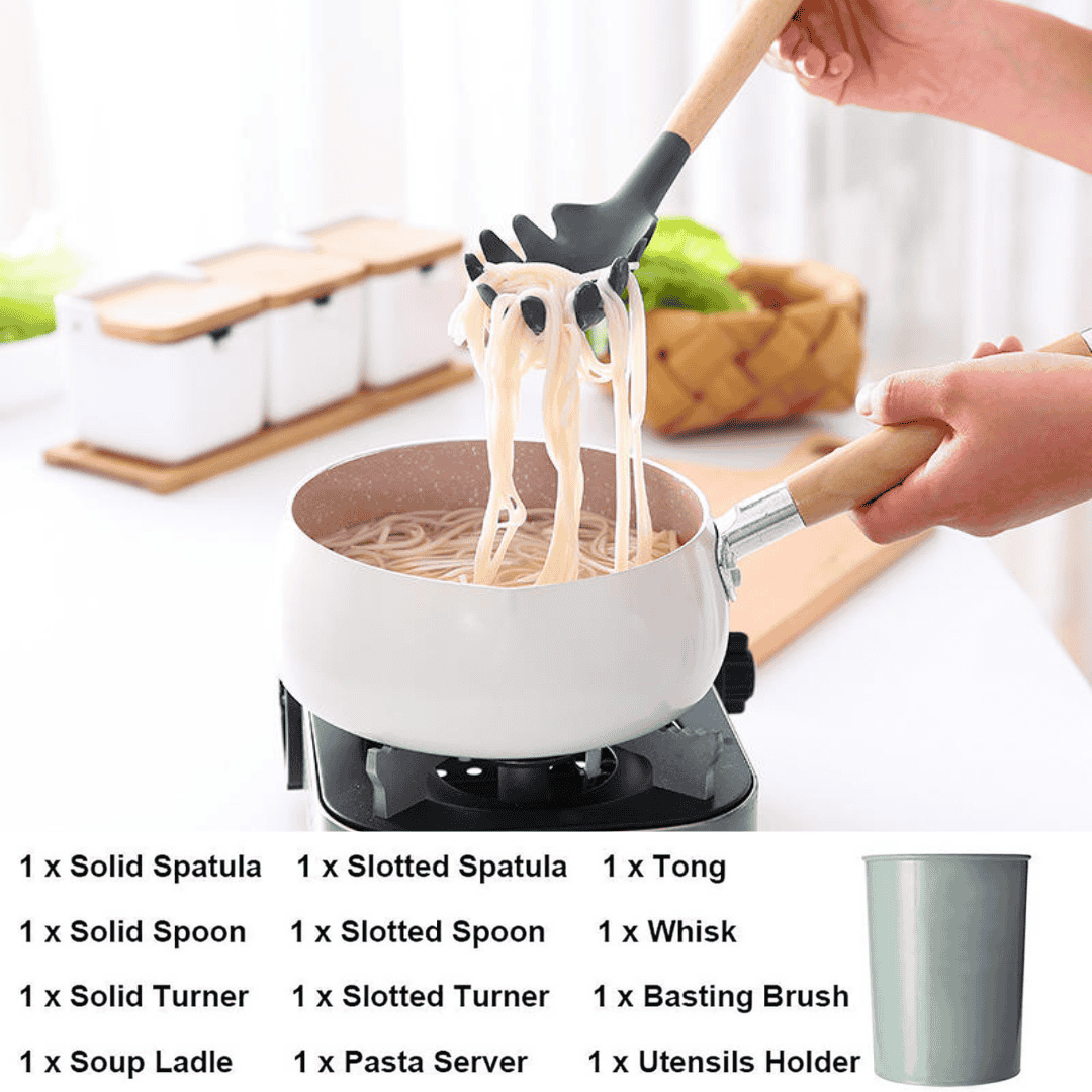 Silicone Utensils 12-Pieces Set With Wooden Handle | 100% Original