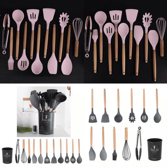 Silicone Utensils 12-Pieces Set With Wooden Handle | 100% Original