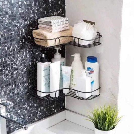 Metal Corner Rack For Bathroom &amp; Kitchen | Shelf Organize | Wall Mount Bathroom Accessories (with 2 Hooks included) - MedAir Traders