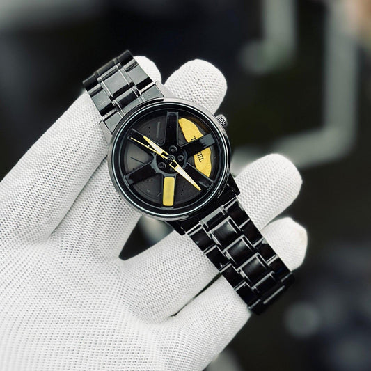 MA1 Black Car Sport Rim Hub Wheel Wristwatch for Mens (random dial color and random strap color) - MedAir Traders