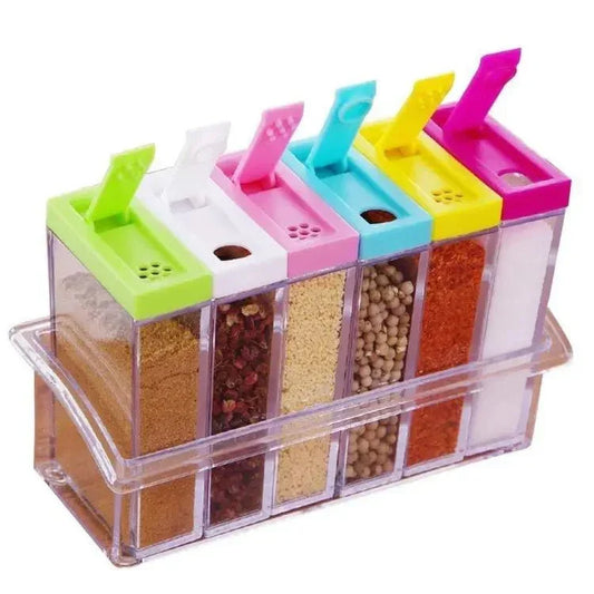 Spice Jars Dispenser Masala Rack Easy Flow Storage Crystal Seasoning Box Multicolour Set of 6 - MedAir Traders